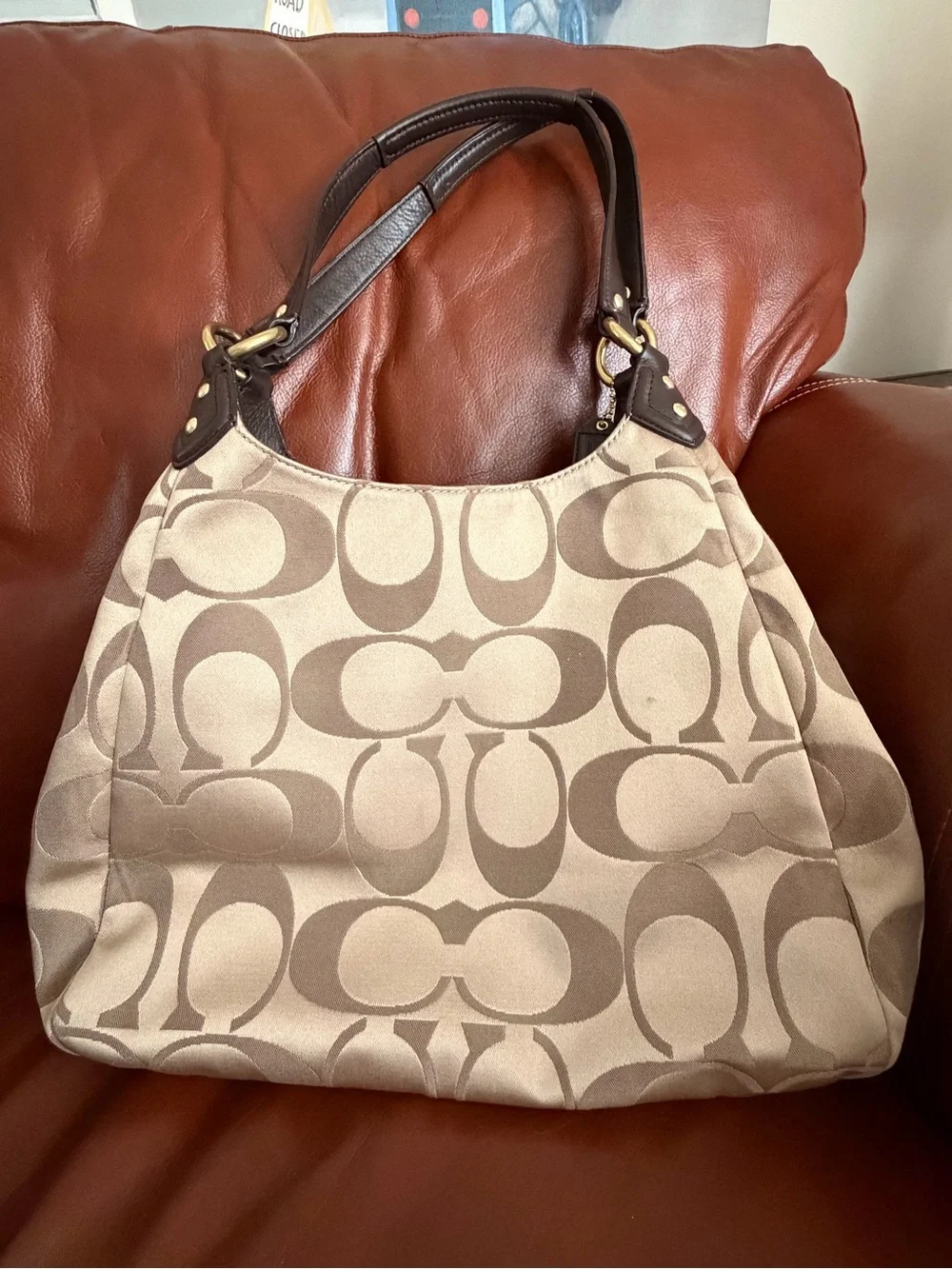 Coach Signature Jacquard Shoulder Bag with Brown Leather Trim